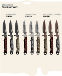 five different knives with different colors and finishes